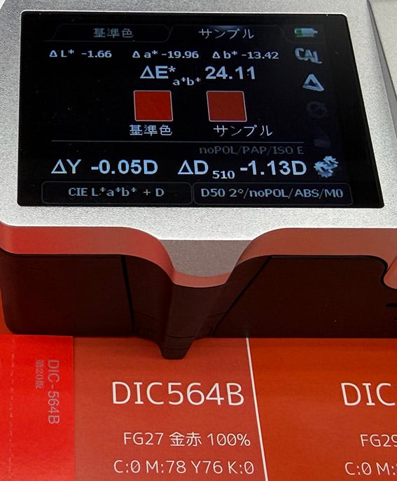 DIC564BのPOD出力を測色したときの画面。ΔE 24.11